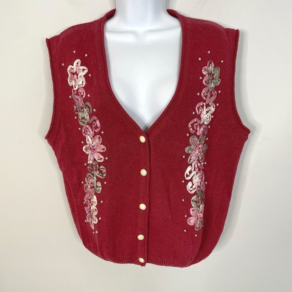 Vintage Twee Granny Sweater Vest Large‎ Rose Pink Embroidered Floral Button Up